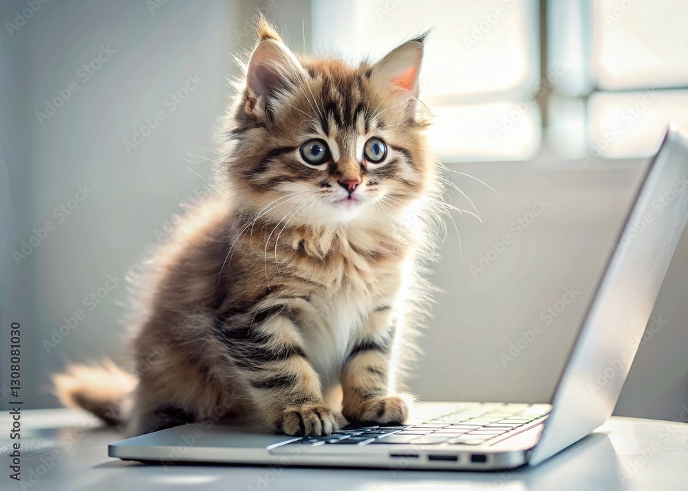 Cute Kitten Typing on Laptop Keyboard - Adorable Cat Stock Photo Cute Kitten Typing on Laptop Keyboard - Adorable Cat Stock Photo