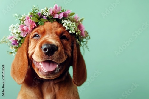 Isolated blue background, copy space, commercial artwork. Cute baby dog bichon frise wearing fierce flower circlet on its head - symbol of sunny summertime. Professional studio visual. photo