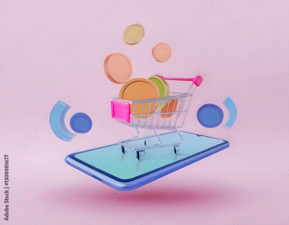 Financial inclusion, economy and technology : 3D icon of E-commerce finance, seamless mobile transactions, online shopping. Financial inclusion, economy and technology : 3D icon of E-commerce finance, seamless mobile transactions, online shopping.
