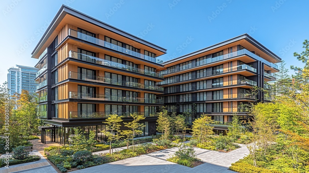 Fototapeta premium Modern apartment complex, city park setting, sunny day, landscaping
