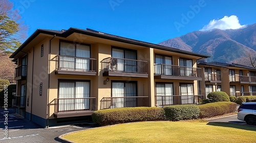 Mountain-view Japanese hotel  sunny day  landscaped grounds