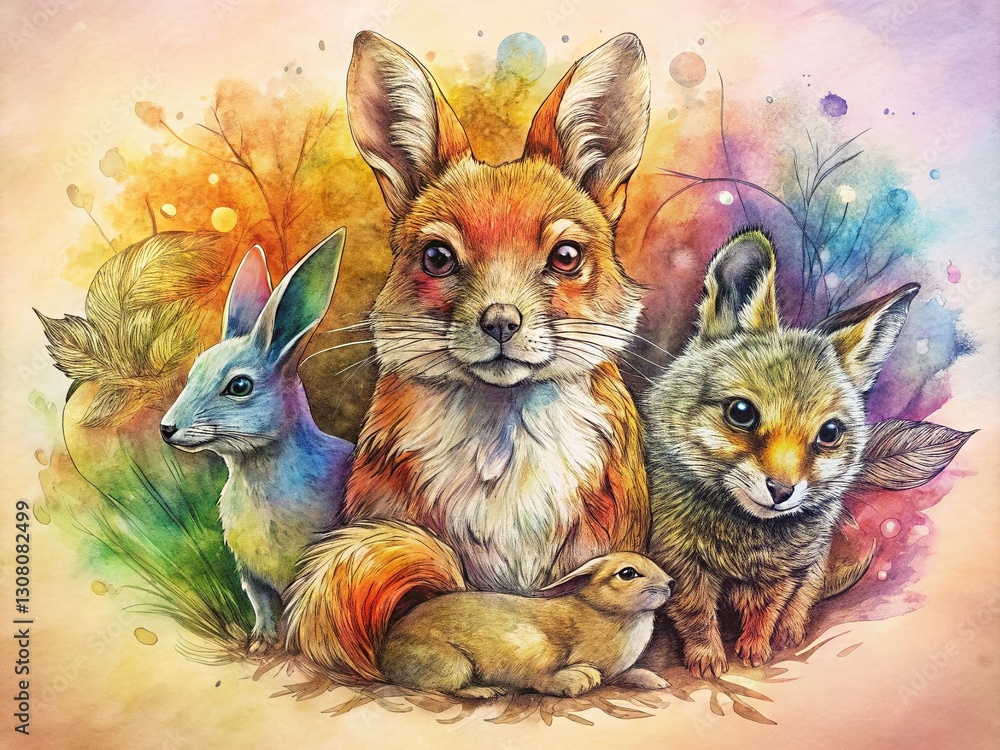 Fototapeta premium Cute Woodland Creatures Line Art Sketch on Delicate Paper Texture - Stock Photo