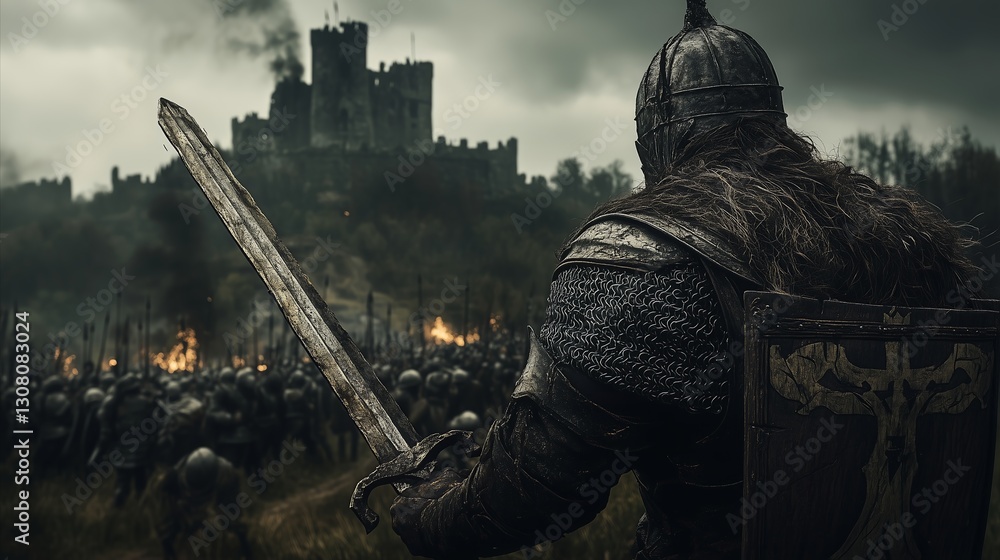 Fototapeta premium Mystical fierce brave strong knight ready for battle holding a sword personifying the strength and honor of the medieval era.