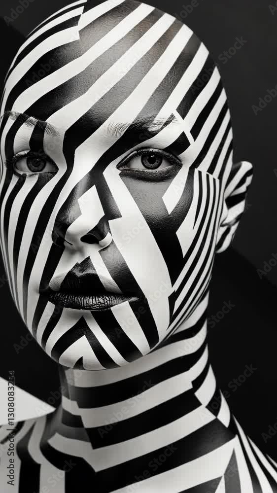 Artistic body paint transformation featuring bold black and white stripes on a model's face and neck Artistic body paint transformation featuring bold black and white stripes on a model's face and neck