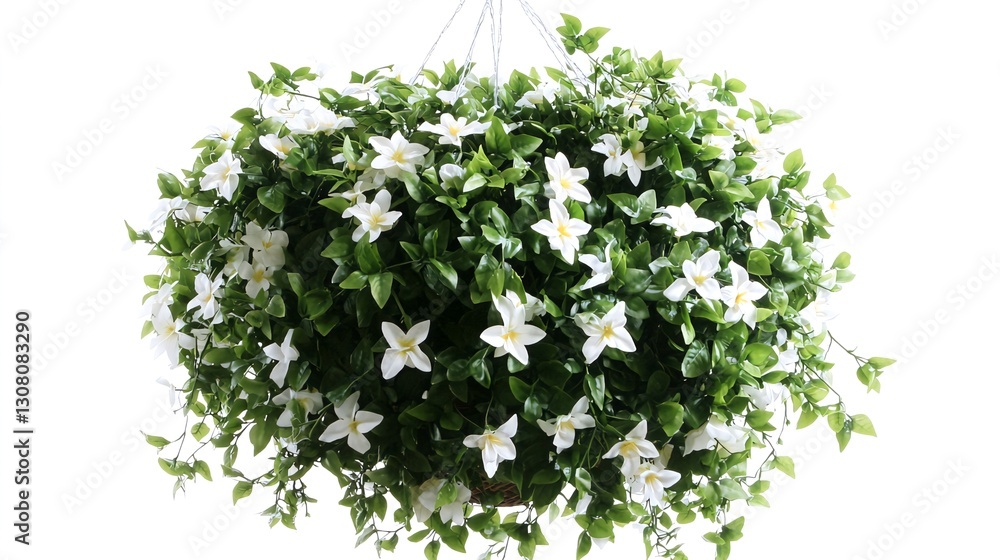Obraz premium Hanging white flower basket, lush greenery, home decor, isolated background