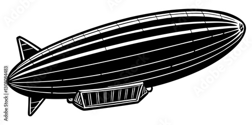 A black and white graphic illustration of an airship with a long, oval body, fins, and a gondola, isolated on a white background.