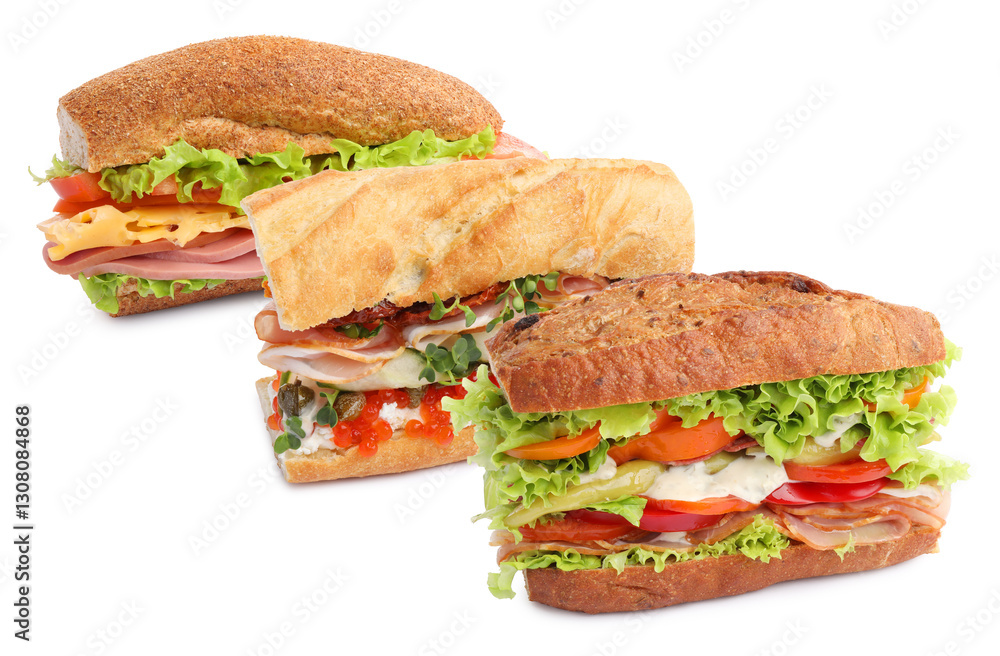 Different delicious sandwiches on white background, set Different delicious sandwiches on white background, set