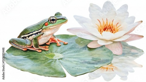 Colorful Frog Perched on Floating Lily Pad Near Blooming Water Flower