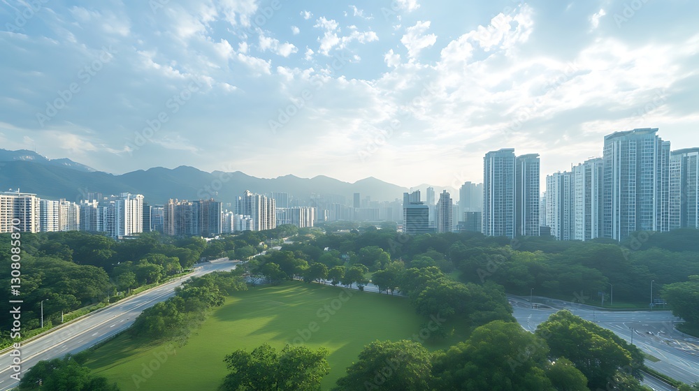 Fototapeta premium Urban landscape featuring modern buildings, greenery, and mountains under a cloudy sky.