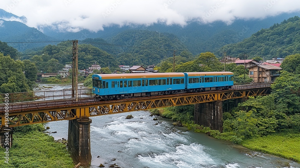 Blue train crossing river bridge, mountain village background, scenic travel