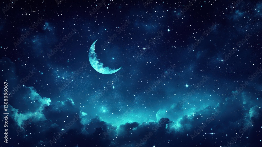 Enchanting Night Sky with Crescent Moon and Stars Above Illuminated Clouds in a Tranquil Celestial Scene Enchanting Night Sky with Crescent Moon and Stars Above Illuminated Clouds in a Tranquil Celestial Scene