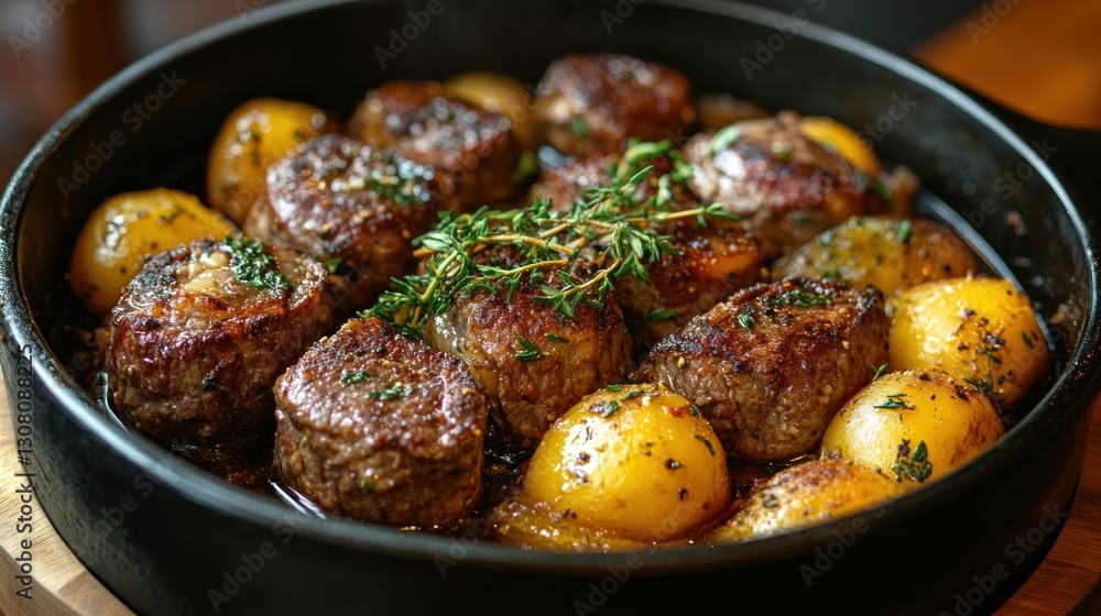 Sizzling beef medallions and potatoes with herbs in a pan, restaurant setting Sizzling beef medallions and potatoes with herbs in a pan, restaurant setting