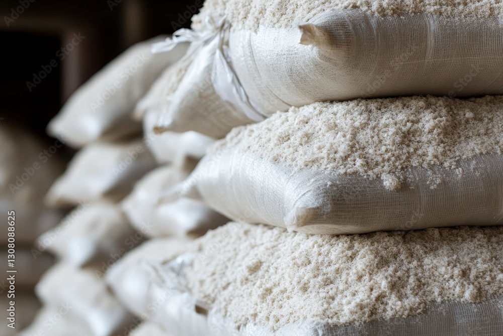 Stacked Burlap Bags Filled With Fine White Rice in a Storage Area Stacked Burlap Bags Filled With Fine White Rice in a Storage Area