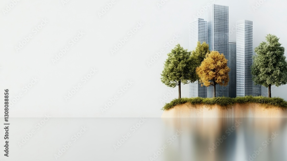Obraz premium Urban Nature Harmony with Skyscrapers and Green Trees on a Serene Reflective Water Surface