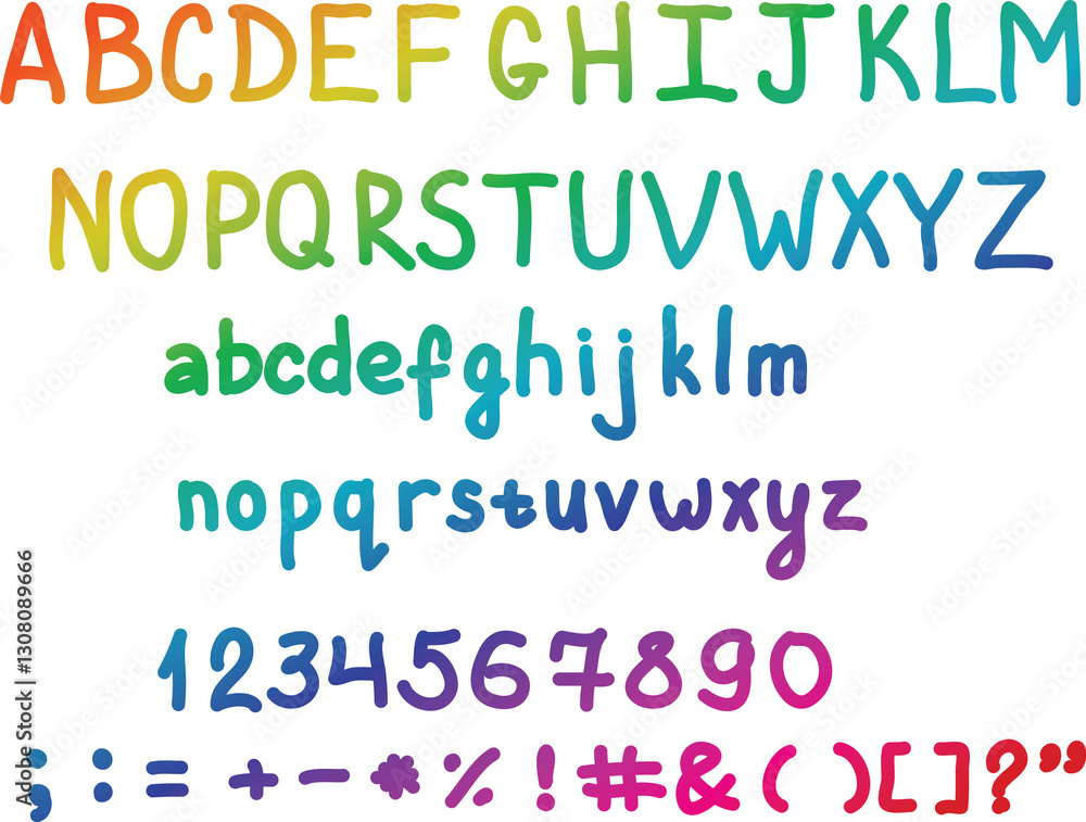 Rainbow uppercase and lowercase letters with rainbow numbers with hand drawn symbols Rainbow uppercase and lowercase letters with rainbow numbers with hand drawn symbols