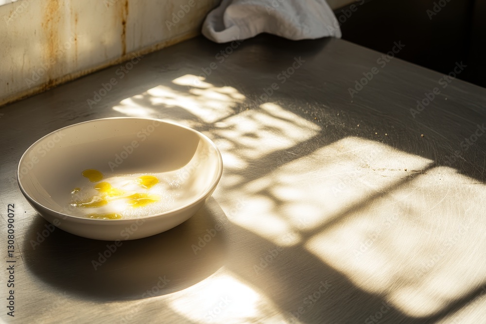 Sunlight Casting Shadows on a Plate with Olive Oil Drops on Table