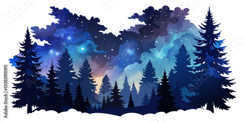Illustration of a forest silhouette at night with a starry sky and nebula.