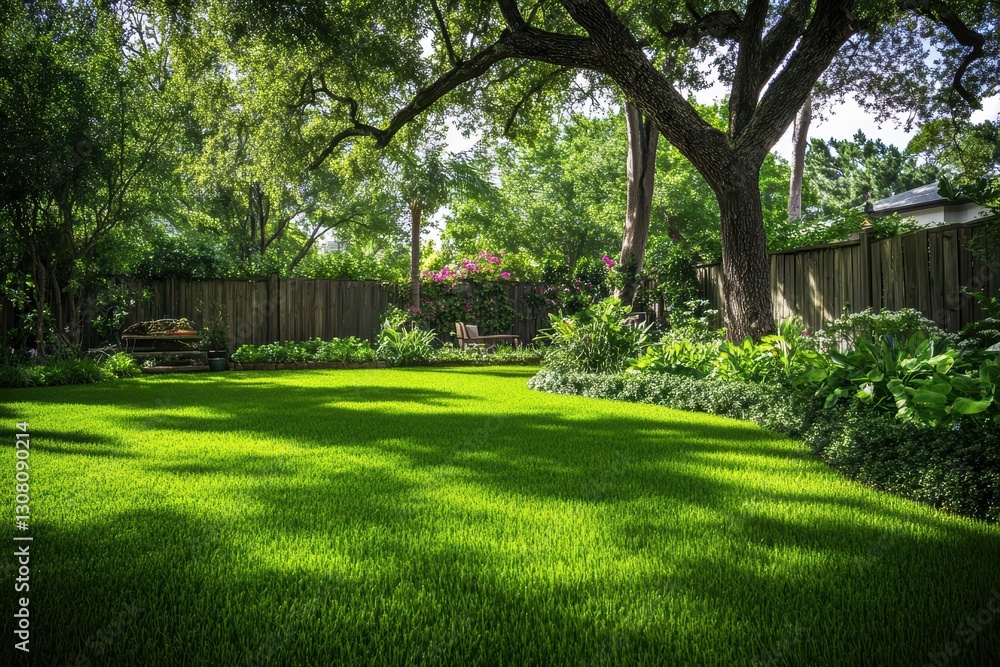 Obraz premium A vibrant backyard scene features lush green grass and sunlit plants. A wooden bench invites relaxation in this serene outdoor oasis, perfect for nature lovers.
