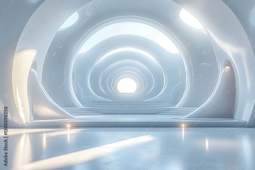 Obraz premium Futuristic Circular Stage on Abstract White Background with Light and Shadow, Minimalist Style. 