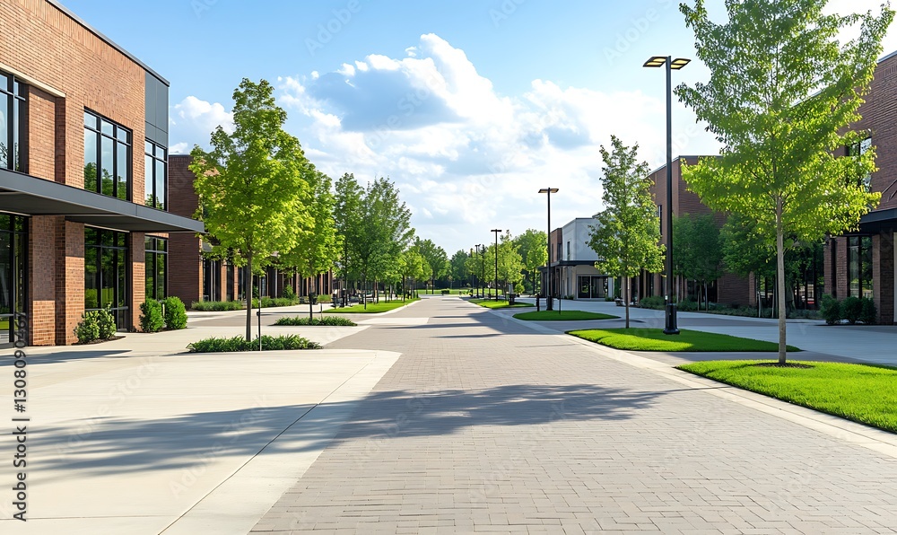 Modern commercial street lined with trees and shops under a bright blue sky. Modern commercial street lined with trees and shops under a bright blue sky.