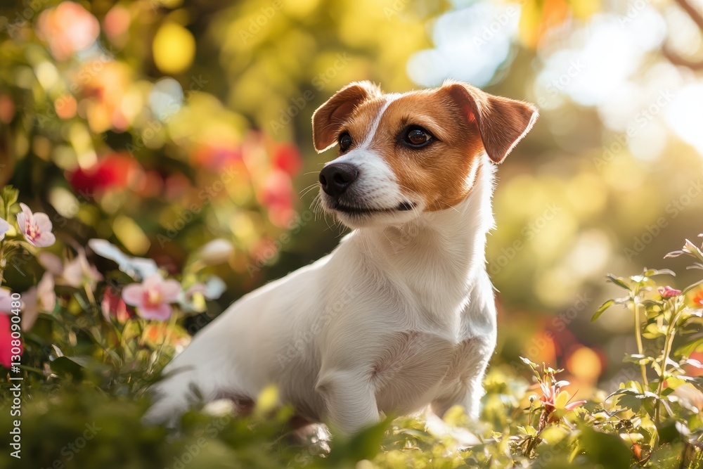 A playful dog rests among vibrant blooming flowers, its curiosity shining through. The warm light adds a serene touch, perfect for capturing the beauty of this garden scene. A playful dog rests among vibrant blooming flowers, its curiosity shining through. The warm light adds a serene touch, perfect for capturing the beauty of this garden scene.