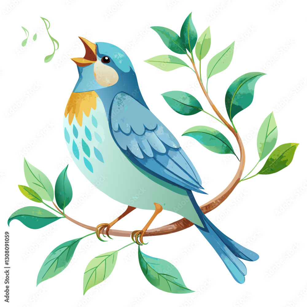 A delightful illustration of a bluebird perched on a leafy branch, singing with musical notes floating in the air. A delightful illustration of a bluebird perched on a leafy branch, singing with musical notes floating in the air.