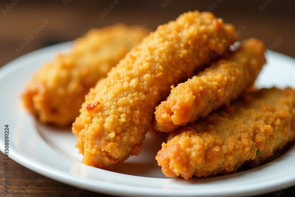 Close-up of crispy golden fried chicken tenders on a white plate, fried, food Close-up of crispy golden fried chicken tenders on a white plate, fried, food