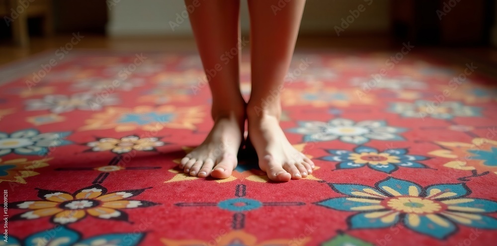 Obraz premium Close-up of cropped legs on colorful patterned carpet, close-up, background