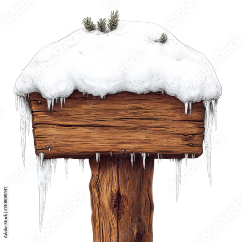 A cozy wooden signpost with a snow-covered top, sketched digital art style, rough wood texture with subtle cracks, transparent background, PNG