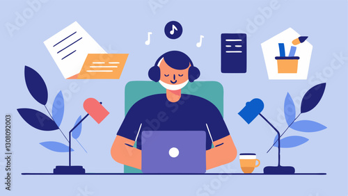 Script Reading Depict a podcast producer sitting at a desk surrounded by notes and scripts practicing their delivery with an expression of concentration.