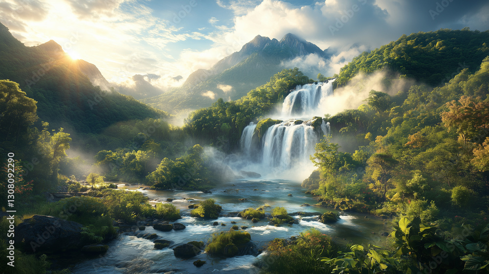 Naklejka premium A majestic waterfall in autumn forest light of sunrise, mist rising from the lush jungle, cinematic look