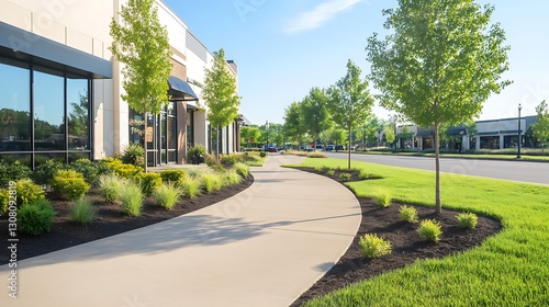 Fototapeta Naklejka Na Ścianę i Meble -  A sunny commercial sidewalk lined with trees and colorful landscaping.