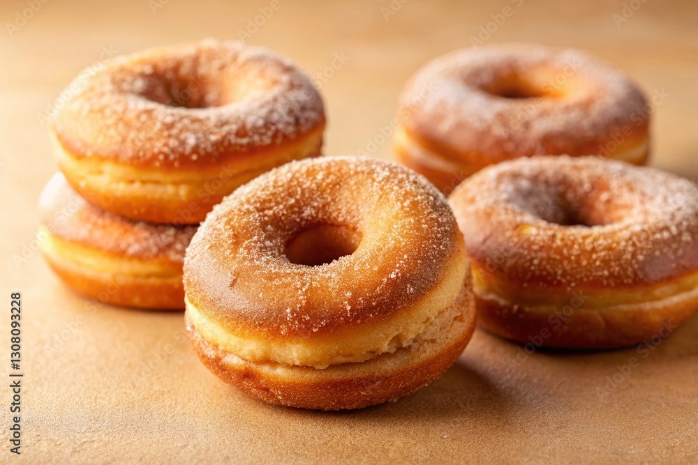 Delicious Cinnamon Sugar Donuts on Peach Background - Sweet Treat Stock Photo Delicious Cinnamon Sugar Donuts on Peach Background - Sweet Treat Stock Photo