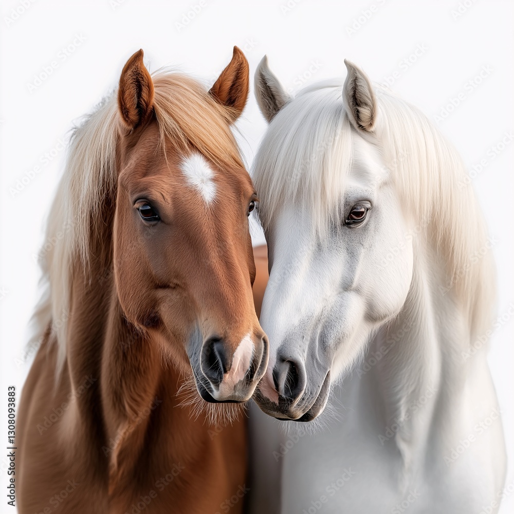 Fototapeta premium Beautiful Two Color Equine Friendship: Close-Up Studio Shot of Brown and White Horses