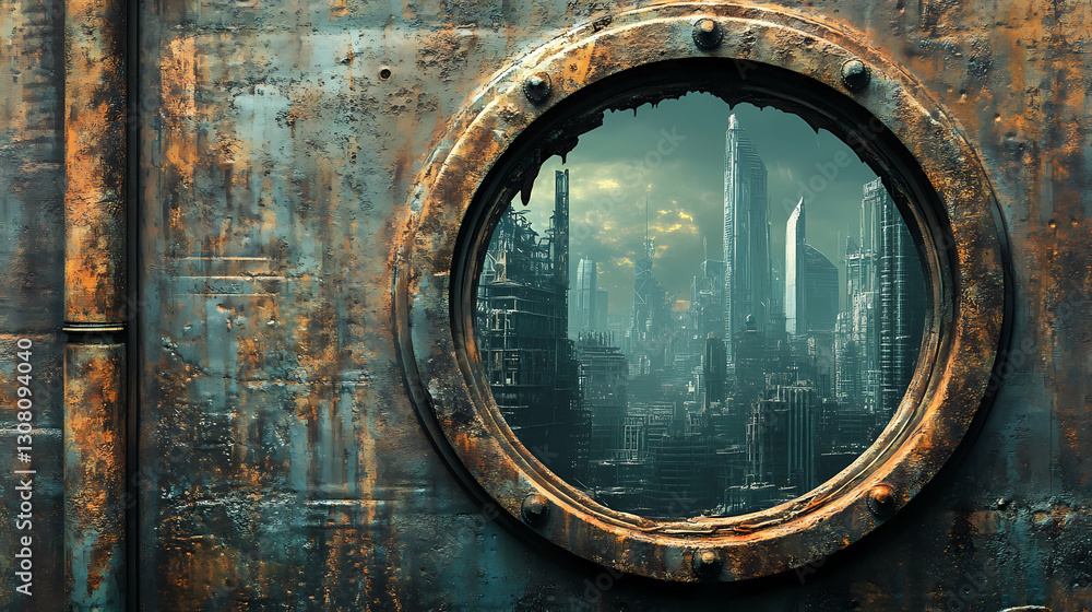 A rusty porthole looking out onto a post-apocalyptic cityscape. Visionary - Library. Illustration A rusty porthole looking out onto a post-apocalyptic cityscape. Visionary - Library. Illustration