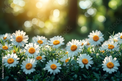 Beautiful spring meadow with daisies and grass, lush green meadows under sunny day, vibrant spring background.