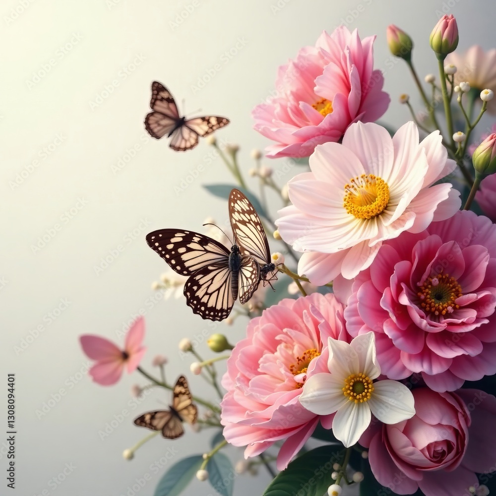 Close-up of elegant arrangement of flowers with delicate butterflies, beauty, flora Close-up of elegant arrangement of flowers with delicate butterflies, beauty, flora