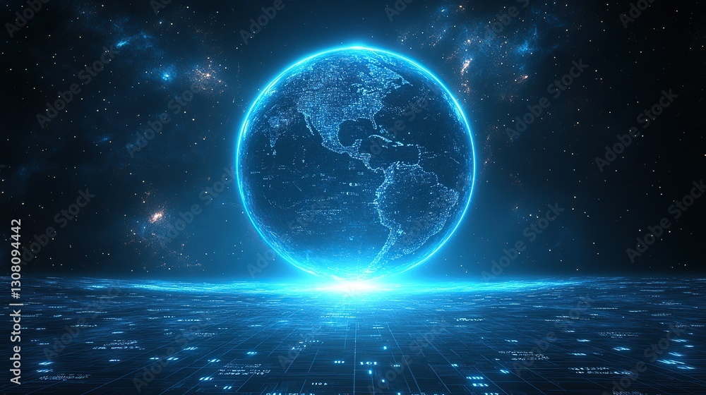 Obraz premium Global network connection, digital earth, space backdrop, futuristic technology, data visualization
