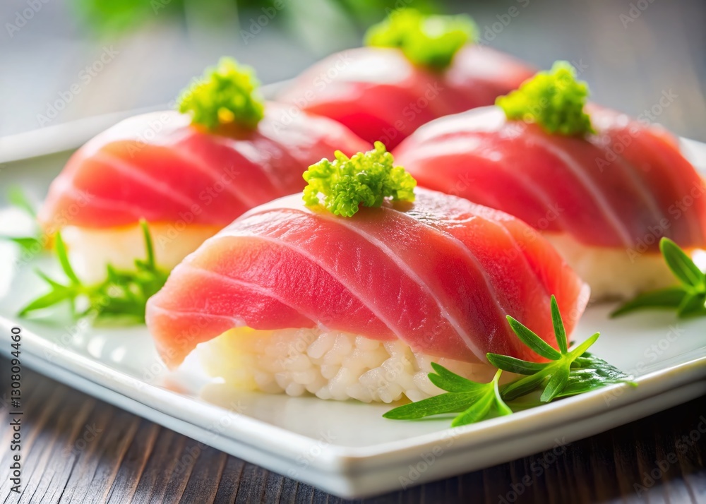 Delicious Fat Tuna Sushi on White Plate - Long Exposure Photography Delicious Fat Tuna Sushi on White Plate - Long Exposure Photography
