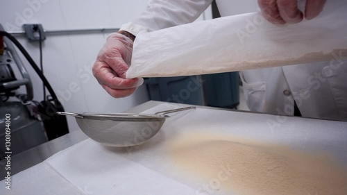 Pouring Dehydrated Ice Water Hash Into A Sifter