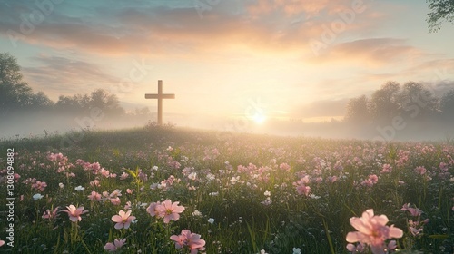 Spring. Renewal & Resurrection. A faith-inspired scene of nature, featuring a cross on a hill beneath a glowing sky.
 photo