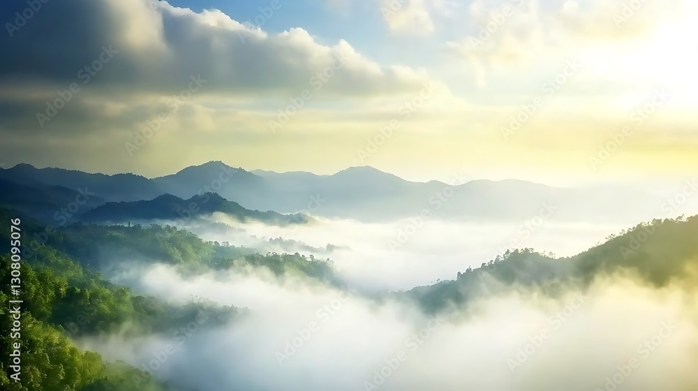 Fototapeta premium Beautiful foggy mountain range at sunrise with atmospheric lighting