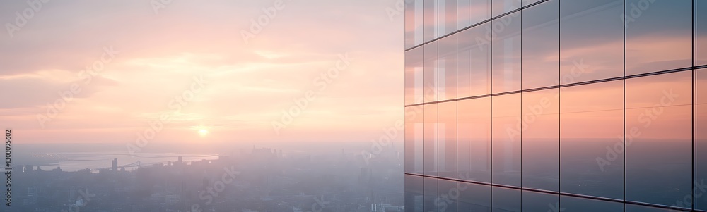 Fototapeta premium City skyline at sunrise reflected in glass building windows.