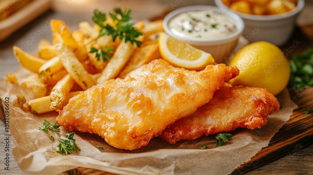 Close up photo of crispy fried fish on plate with golden and crunchy, served with tartar sauce, lemon slices, and a side of fries. Close up photo of crispy fried fish on plate with golden and crunchy, served with tartar sauce, lemon slices, and a side of fries.