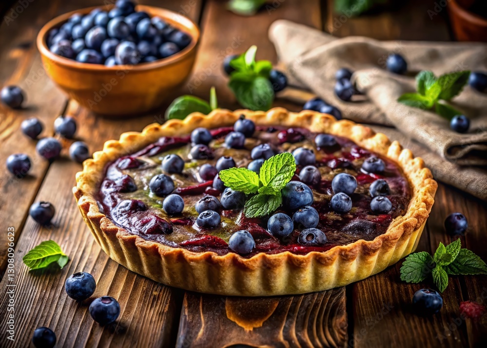 Delicious Homemade Blueberry Pie, Rustic Countryside Setting, Portrait Photography Delicious Homemade Blueberry Pie, Rustic Countryside Setting, Portrait Photography