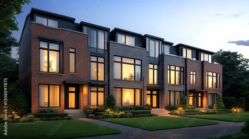 Obraz premium Modern townhouse buildings illuminated at dusk, showcasing contemporary architecture and landscaped surroundings.