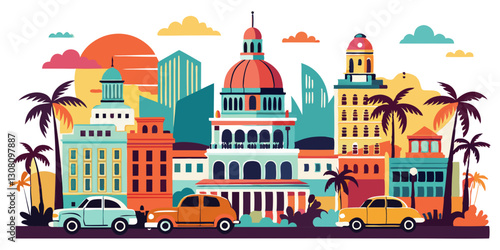 Havana, Cuba – A lively, tropical skyline with vintage cars, El Capitolio, and colorful colonial buildings in rich oranges, pinks, and teals