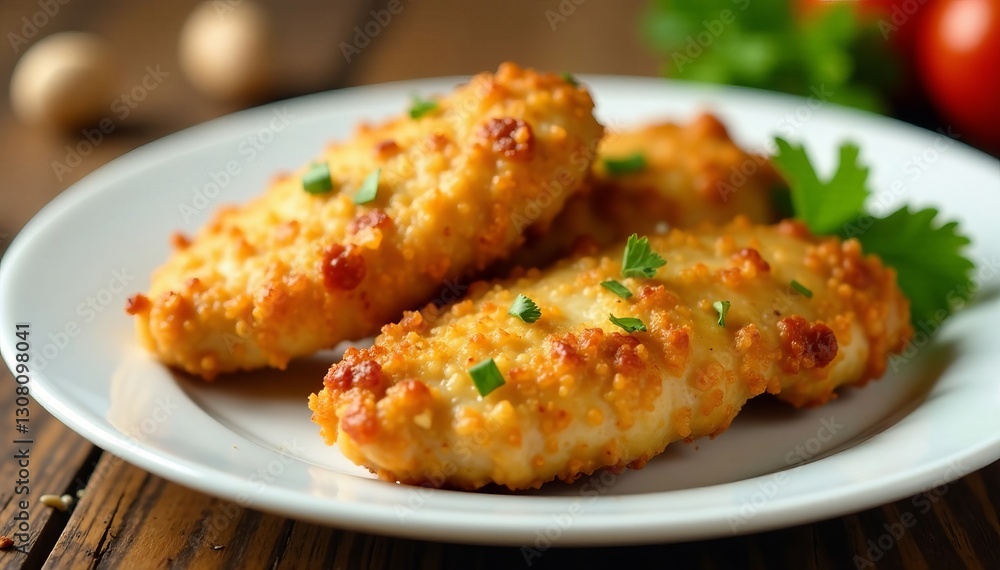 Close-up of juicy pasture raised chicken tenders on a white plate, food, chicken Close-up of juicy pasture raised chicken tenders on a white plate, food, chicken