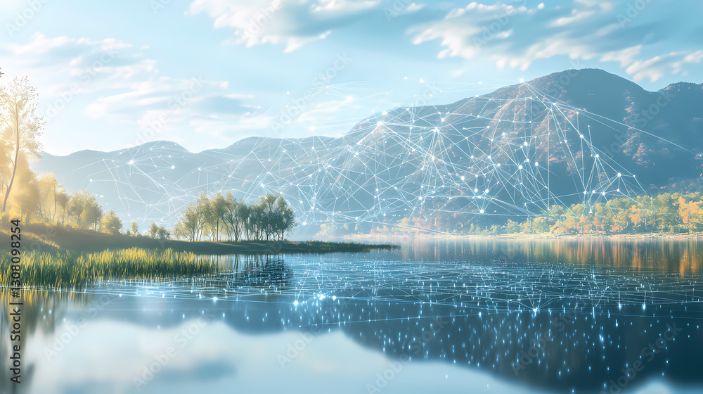 Naklejka premium A calm, reflective mountain lake with an intricate digital network overlay, symbolizing the harmonious blend of nature and innovation in modern society. Harmonious - Meadow. Illustration