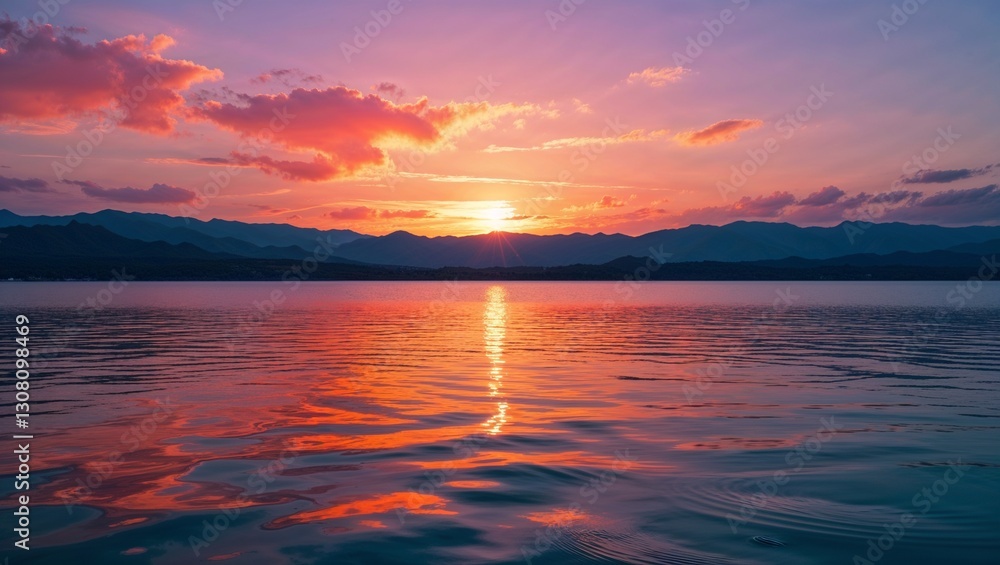 Obraz premium Scenic Sunset Over Calm Lake with Mountain Silhouette, Serene Nature Landscape background
